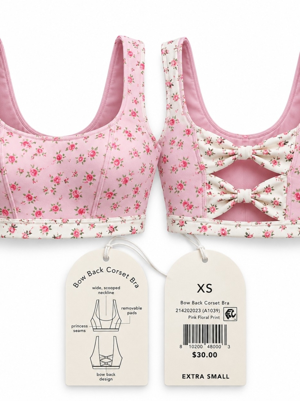 Blogilates Bow Back Corset Sports Bra XS Pink Floral Cottagecore Coquette Romant